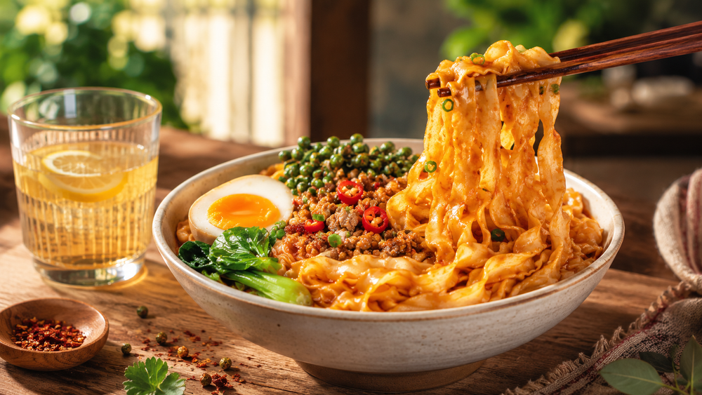 Chongqing Peas with Spicy Plant-based Meat Sauce Dry Noodles