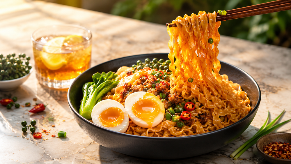 Roasted Pepper Sauce mixed with Plant-based Ground Beef Dry Noodles
